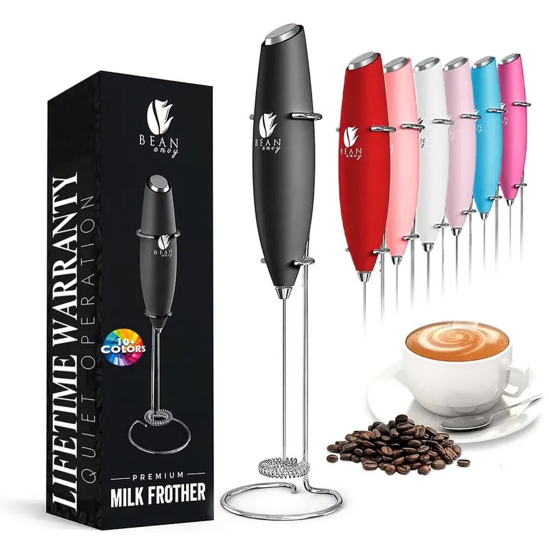 Bean Envy Milk Frother, Coffee Stirrers, Frother Wand, Milk Frother Handheld, Frother with stand, Hand Blender for Coffee, Lattes, Cappuccino, Matcha and Hot Chocolate – Kitchen Gifts - Black