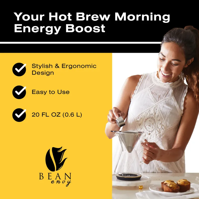 Bean Envy Pour Over Coffee Maker, High-Heat Borosilicate Glass with Reusable Stainless Steel Filter, Glass Coffee Maker (20 Oz) — image 2