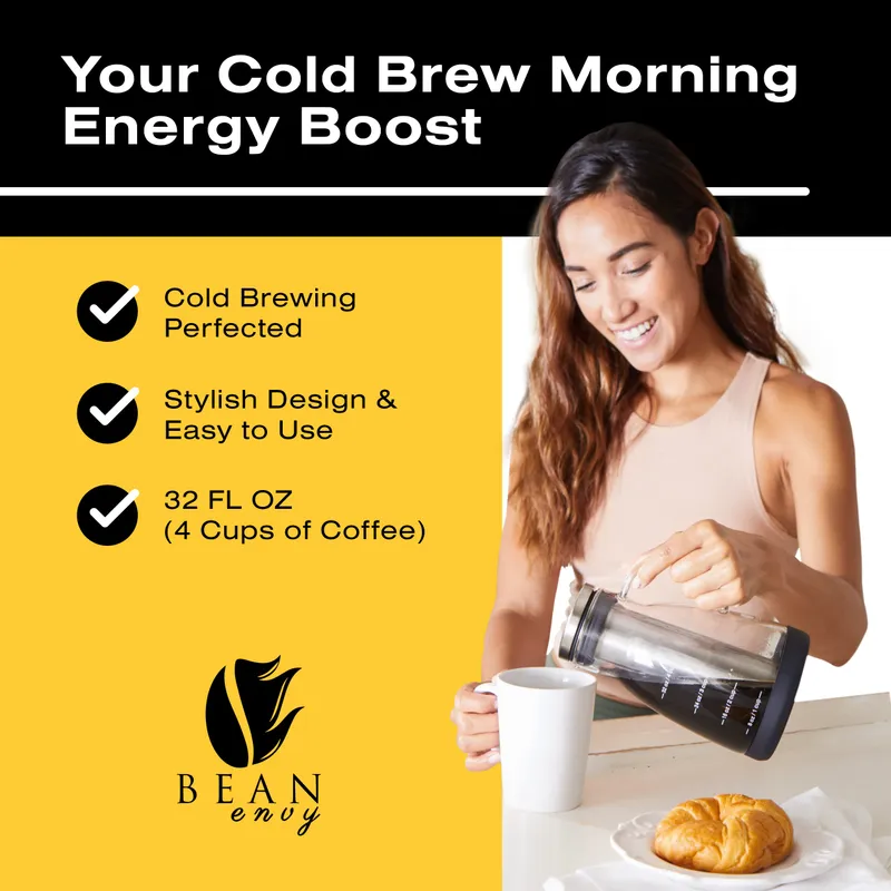 Bean Envy Cold Brew Coffee Maker - 32 oz Glass Coffee Cold Brew Maker and Pitcher w/Silicone Cap & Base — image 2