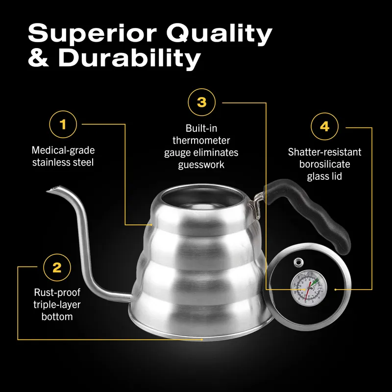 Bean Envy Pour Over Coffee Kettle, Small Gooseneck Kettle with Thermometer and Ergonomic handle, Pour Over Kettle Stainless Steel 40 Oz, Gooseneck Tea Kettle for all occasions. — image 4