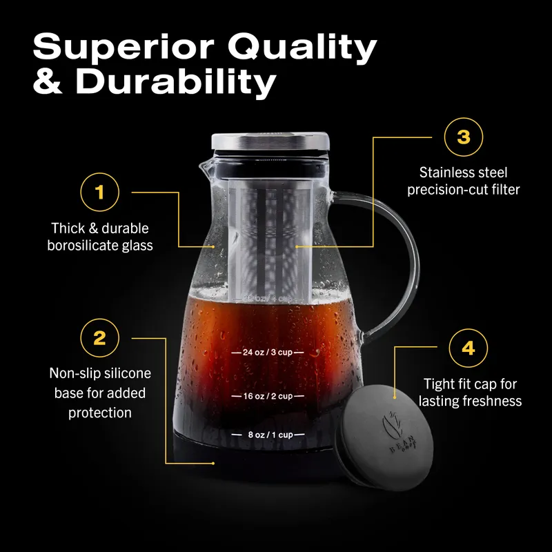 Bean Envy Cold Brew Coffee Maker - 32 oz Glass Coffee Cold Brew Maker and Pitcher w/Silicone Cap & Base — image 4